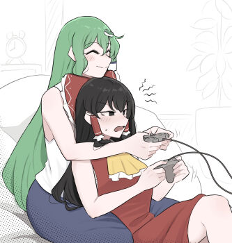 2girls annoyed ascot bare_shoulders black_eyes black_hair blue_skirt blush bow closed_mouth commentary controller frog_hair_ornament game_controller green_hair hair_ornament hair_tubes hakurei_reimu highres holding holding_controller holding_game_controller indoors kochiya_sanae long_hair mata_(matasoup) multiple_girls parted_lips playing_games red_bow red_shirt red_skirt shirt single_hair_tube sitting sitting_between_lap skirt sleeveless sleeveless_shirt smile touhou white_shirt yellow_ascot