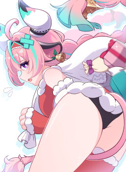 1girl absurdres ahoge animal_ears aqua_streaks ass bell bell_earrings commentary_request cow_ears cow_girl cow_horns cow_tail earrings from_behind fur-trimmed_thighhighs fur_trim genshin_impact gift hand_up highres horns jewelry long_hair looking_at_viewer looking_back mina_(minaleafeon_c) multicolored_hair open_mouth pink_hair purple_eyes red_thighhighs single_thighhigh solo streaked_hair tail thighhighs varesa_(genshin_impact) very_long_hair