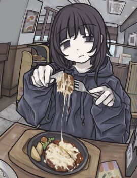 Rule 34 | 1girl, :3, absurdres, androgynous, bags under eyes, black eyes, brown hair, cheese, cheese trail, dumpling, eating, fisheye, food, food on face, gudon udon, half-closed eyes, hamburger steak, highres, holding utensil, hood, hoodie, jiaozi, light smile, messy hair, original, pale skin, pov across table, restaurant, solo, table, wispy bangs