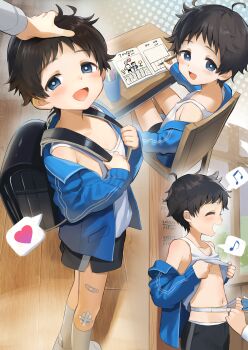 1boy 1other :d absurdres ahoge backpack bag bandaid bandaid_on_leg black_bag black_hair black_shorts blue_eyes blue_jacket chair check_commentary child's_drawing closed_eyes cocolo_(co_co_lo) commentary_request dolphin_shorts gauze gauze_on_leg hand_on_another's_head happy headpat heart height_mark highres jacket male_focus measuring multiple_views musical_note navel nipple_slip nipples on_chair open_clothes open_jacket open_mouth original randoseru short_hair short_shorts shorts shota sitting smile socks spoken_heart spoken_musical_note tank_top tape_measure tareme track_jacket translated very_short_hair white_socks white_tank_top