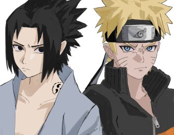 Rule 34 | 2boys, black eyes, black hair, black headband, black jacket, blonde hair, blue eyes, closed mouth, facial mark, furrowed brow, headband, highres, jacket, konohagakure symbol, male focus, multicolored jacket, multiple boys, naruto (series), naruto shippuuden, neck tattoo, orange jacket, parted bangs, sharp teeth, shirt, short hair, tattoo, teeth, two-tone jacket, uchiha sasuke, upper body, utxtu oo1013, uzumaki naruto, whisker markings, white shirt