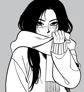 1girl black_hair blush grey_background greyscale hood jadoochicken long_sleeves looking_at_viewer monochrome original simple_background solo sweater