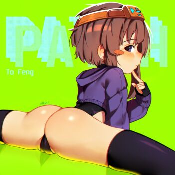 1girl absurdres ass black_thighhighs blush blush_stickers borrowed_character cameltoe character_name commission commissioner_name cropped_hoodie finger_to_own_chin fingerless_gloves from_behind gloves goggles goggles_on_head green_background highres hood hood_down hoodie huge_filesize leotard loli looking_back najucaju_naju original partially_visible_vulva purple_hoodie short_hair_with_long_locks side_sitting_split solo split text_background thighhighs wedgie