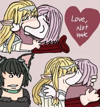 Rule 34 | annette (isekai shikkaku), couple, isekai shikkaku, kiss, meme, saccette, sacchan (isekai shikkaku), tama (isekai shikkaku), template, third wheel, yuri