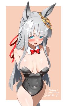 Rule 34 | 1girl, a.nori, absurdres, animal ears, arms behind back, artist name, black leotard, blue eyes, blush, bow, bowtie, breasts, chrono genesis (umamusume), commentary request, covered navel, dated, detached collar, ear ornament, grey hair, hand on own arm, highres, horse ears, horse girl, horse tail, leotard, long hair, looking at viewer, medium breasts, nontraditional playboy bunny, open mouth, red bow, red bowtie, simple background, smile, solo, strapless, strapless leotard, tail, thighs, umamusume