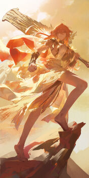 1girl absurdres ancient_greek_clothes armor augusta_(wuthering_waves) bare_legs barefoot breastplate breasts clenched_hand closed_mouth commentary dirty dirty_feet dress earrings feet greatsword greco-roman_clothes hair_between_eyes highres holding holding_sword holding_weapon jewelry large_breasts legs long_hair looking_at_viewer looking_to_the_side modare orange_eyes orange_hair orange_sky outdoors over_shoulder sky solo sun_earrings sword sword_over_shoulder toes turning_head vambraces weapon weapon_over_shoulder white_dress wuthering_waves