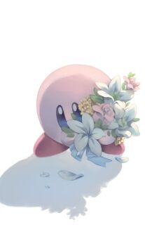 artist_request blue_eyes bouquet covered_mouth flower highres holding holding_bouquet kirby kirby_(series) lily_(flower) looking_ahead looking_down nintendo no_humans petals pink_flower pink_rose rose shadow simple_background solo source_request standing third-party_source white_background white_flower yellow_flower