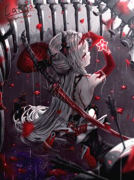 1girl absurdres acheron_(honkai:_star_rail) arrow_(projectile) back bare_shoulders black_coat blood bloody_tears blurry blurry_foreground body_markings boots closed_eyes coat coattails colored_extremities commentary different_reflection english_commentary flower from_behind hair_ornament high_heel_boots high_heels highres holding holding_sword holding_weapon honkai:_star_rail honkai_(series) katana katyx kneeling long_hair official_alternate_color oil-paper_umbrella partially_submerged petals planted planted_arrow purple_hair rain red_flower red_hands red_petals reflection reflective_liquid ripples scabbard sheath shoulder_blades signature sitting solo sword tailcoat thigh_boots thighs umbrella unsheathed very_long_hair wariza weapon white_hair