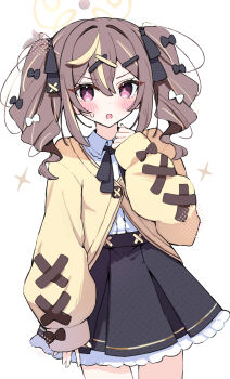 Rule 34 | 1girl, black skirt, blue archive, blush, bow, bright pupils, drill hair, frilled skirt, frills, hair bow, hair ornament, halo, highres, jacket, long hair, long sleeves, looking at viewer, multicolored hair, open mouth, purple eyes, rena (blue archive), ribbon, sateto (user knrf2332), sketch, skirt, sleeves past wrists, solo, twin drills, twintails, white pupils, x hair ornament, yellow halo, yellow jacket