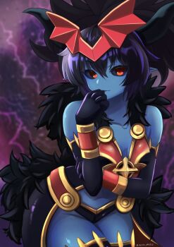 1girl bare_shoulders black_fur black_gloves black_hair black_horns black_sclera black_wings blue_skin breasts colored_sclera colored_skin demon_girl demon_horns elbow_gloves fur_trim gloves highres horns lightning_background mephisto_pheles_(shinrabanshou) navel pointy_ears red_eyes red_wings shinrabanshou short_hair small_breasts smile solo thighhighs wing_ornament wings zero_pheles