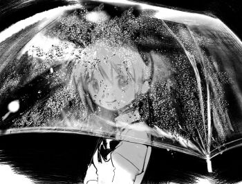 1girl black_background blurry bow bowtie closed_mouth collared_shirt commentary_request greyscale highres juliet_sleeves kaname_madoka long_sleeves looking_at_viewer mahou_shoujo_madoka_magica mahou_shoujo_madoka_magica_(anime) mihifu mitakihara_school_uniform monochrome night puffy_sleeves rain school_uniform shirt short_hair short_twintails smile solo sweater transparent transparent_umbrella twintails umbrella upper_body water