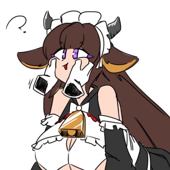1girl ? animal_ears azur_lane bare_shoulders breasts brown_hair cleavage cow_ears cow_girl cow_horns cowbell floating_hands gloves hands_on_cheek highres horns huge_breasts kashino_(azur_lane) kashino_(maid_for_mayhem)_(azur_lane) leaning_forward long_hair looking_away_from_viewer maid_headdress open_mouth purple_eyes simple_background sirhoopsalot very_long_hair