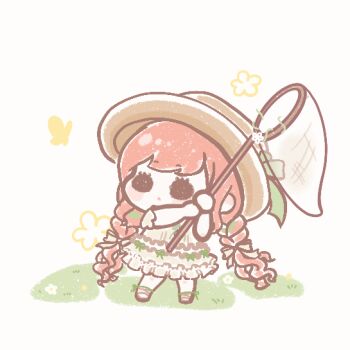 >_< 1girl absurdly_long_hair animated animated_gif ankle_ribbon black_eyes blinking blush_stickers bow braid brown_bow brown_dress brown_hat brown_sandals bug butterfly butterfly_net chibi chinese_commentary commentary_request dress dress_ribbon expressionless eyelashes flower frilled_dress frills grass_&amp;_breeze_(shining_nikki) green_bow green_ribbon hair_bow hand_net hat hat_bow holding holding_butterfly_net insect leg_ribbon long_hair looping_animation low_twin_braids medium_dress nikki_(series) on_grass orange_hair ribbon sandals shining_nikki simple_background solid_oval_eyes solo standing triangle_mouth twin_braids very_long_hair white_background white_flower xiaoyu_qixing yellow_butterfly yellow_flower