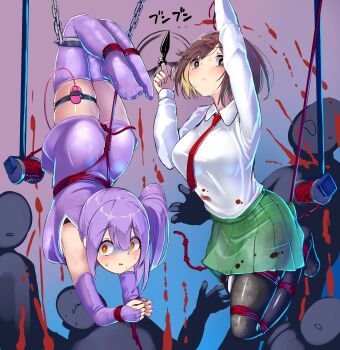 2girls 6+boys :o arms_up ass bare_shoulders bdsm between_breasts between_buttocks between_legs between_thighs black_pantyhose blonde_hair blood blue_background bondage bound bound_legs bound_torso bound_wrists breasts breasts_out breath brown_eyes bush cleavage clenched_hand clenched_hands closed_eyes clothes_lift crotch_rope detached_sleeves elbow_gloves embarrassed fang female_focus fingerless_gloves fluid full_body gloves grabbing_another's_leg grabbing_another's_thigh green_skirt hair_between_eyes hair_ornament hairclip highres hitachi_magic_wand japanese_clothes japanese_text kidnapped kidnapping kimono koga_konoha kunai kusagakure_satoko large_breasts long_hair long_sleeves looking_ahead looking_at_another looking_at_viewer looking_down looking_to_the_side medium_breasts medium_hair molestation monikano motion_lines multicolored_hair multiple_boys multiple_girls murder necktie necktie_between_breasts ninja ninja_to_koroshiya_no_futarigurashi nipple_stimulation nipple_tweak nipples open_clothes open_kimono open_mouth open_shirt orange_eyes pantyhose parted_lips pleated_skirt ponytail purple_hair purple_kimono purple_thighhighs pussy_juice red_background red_necktie red_rope restrained rope see-through_cleavage see-through_clothes see-through_shirt see-through_sleeves sex_toy shirt short_kimono side_ponytail sidelocks silhouette simple_background skin_fang skin_tight skindentation skirt skirt_lift soles spinning_weapon surprised suspended_congress suspension sweat sweatdrop swept_bangs thighhighs thighs toes tongue trembling two-tone_hair vibrator vibrator_cord vibrator_in_thigh_strap vibrator_under_clothes weapon white_shirt wide-eyed worried