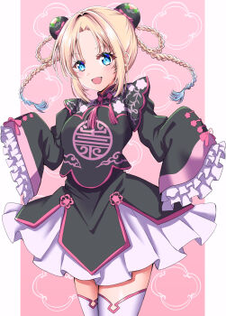 1girl :d absurdres black_shirt black_skirt blonde_hair blue_hair braid braided_hair_rings breasts bun_cover chinese_clothes commentary cowboy_shot double_bun fang floating_hair frilled_sleeves frills gradient_background gradient_hair hair_bun hair_rings hasu_no_sora_pop_up_shop_china_collection highres link!_like!_love_live! long_hair long_sleeves looking_at_viewer love_live! maymaru medium_breasts miniskirt multicolored_hair open_mouth osawa_rurino overskirt parted_bangs pillarboxed pink_background purple_skirt shirt skirt sleeves_past_fingers sleeves_past_wrists smile solo standing tassel thighhighs twin_braids virtual_youtuber white_thighhighs