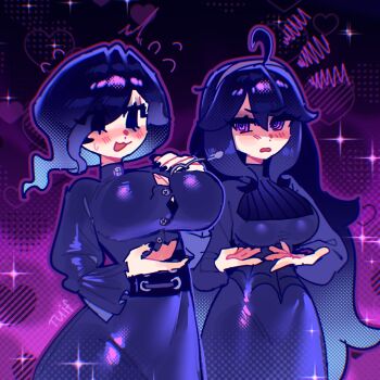 2girls @_@ ahoge black_dress black_hair blush breast_envy breasts commentary corset dress english_commentary hair_between_eyes heart heart_background hex_maniac_(pokemon) hex_maniac_(pokemon_legends:_z-a) hex_maniac_(pokemon_xy) highres large_breasts long_hair medium_breasts multiple_girls nintendo pokemon pokemon_legends:_z-a pokemon_xy popped_button purple_eyes short_hair sparkle tuiffff