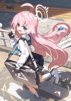 1girl ahoge artist_logo ballistic_shield black_gloves black_skirt blue_archive blue_eyes blue_necktie checkered_clothes checkered_skirt collared_shirt commentary crack cracked_floor fang fingerless_gloves gloves halo heterochromia highres hoshino_(blue_archive) huge_ahoge logo long_hair long_sleeves looking_at_viewer looking_to_the_side necktie open_mouth pink_hair pink_halo railing road road_sign running sand shield shirt sidewalk sign skirt socks solo very_long_hair wagashi928 waving white_shirt white_socks yellow_eyes