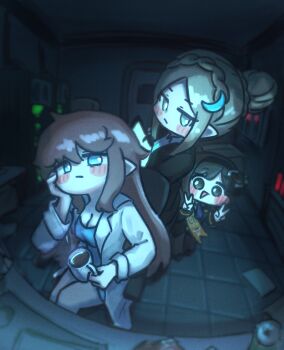 amelia_(trickcal) at_computer bags_under_eyes black_jacket blue_eyes blue_shirt blurry blurry_background blush braid breasts brown_hair chair cleavage coat coffee crown_braid cup dark_room double_v elena_(trickcal) fisheye goranears hair_bun hand_on_own_chin head_rest highres holding holding_cup indoors jacket jitome lab_coat large_breasts long_hair looking_at_viewer looking_to_the_side office_chair on_chair open_clothes open_coat open_mouth pointy_ears rohne_(trickcal) sash server shirt shoulder_sash single_hair_bun sitting smile standing swivel_chair tile_floor tiles trickcal v white_coat