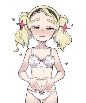 1girl blonde_hair blush borrowed_character bra breasts commentary forehead hairband harsha_(eisu) highres medium_hair navel original panties piercing simple_background small_breasts symbol-only_commentary thick_eyebrows twintails underwear white_background white_panties zlix0n