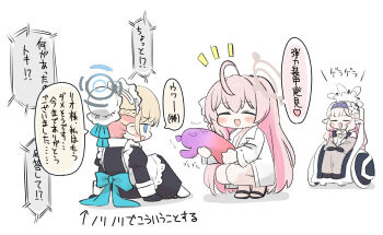 3girls :d ^_^ ahoge arrow_(symbol) black_dress black_gloves blonde_hair blue_archive blue_eyes blush_stickers braid breasts brown_hair bun_cover chibi cleavage closed_eyes collared_shirt dress dress_shirt gloves hair_between_eyes hair_bun halo hanako_(blue_archive) hanako_(swimsuit)_(blue_archive) haniwa_(statue) himari_(blue_archive) holding juliet_sleeves large_breasts long_hair long_sleeves maid maid_headdress miranofuudoria multiple_girls notice_lines open_mouth pantyhose pink_hair puffy_sleeves shadow shirt simple_background sitting smile squatting toki_(blue_archive) translation_request very_long_hair wheelchair white_background white_pantyhose white_shirt