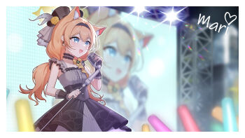 Rule 34 | 1girl, :d, absurdres, animal ear fluff, animal ears, black choker, black hairband, black hat, black overskirt, black wrist cuffs, blue archive, blue eyes, blurry, blurry background, blush, border, breasts, cat ears, center frills, character name, chinese commentary, choker, collarbone, commentary request, concert, double-parted bangs, dress, earrings, flower, frilled choker, frilled dress, frilled wrist cuffs, frills, glint, glowstick, grey dress, grey feathers, hair between eyes, hairband, halo, hat, hat feather, hat flower, highres, holding, holding microphone, holding microphone stand, idol, idol clothes, jewelry, long hair, low twintails, mari (blue archive), mari (idol) (blue archive), microphone, microphone stand, mini hat, mini top hat, official alternate costume, open mouth, orange hair, overskirt, rose, sleeveless, sleeveless dress, small breasts, smile, solo, stage, stage lights, teeth, top hat, twintails, upper teeth only, white border, wrist cuffs, xiao bailong, yellow flower, yellow halo, yellow rose