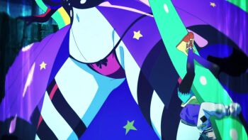 2girls animated anime_screenshot black_gloves black_hair blonde_hair breasts colored_skin cthulhu_(necronomico_no_cosmic_horror_show) cygames dress elbow_gloves eldritch_abomination giant giantess gloves gradient_hair green_hair green_skin highres kurono_miko_(necronomico_no_cosmic_horror_show) large_breasts mayusaka_mayu multicolored_hair multiple_girls navel necronomico_no_cosmic_horror_show panties possessed possession purple_dress red_eyes red_hair red_panties revealing_clothes short_hair sound star-shaped_pupils star_(symbol) stomach symbol-shaped_pupils tagme thighs underwear video