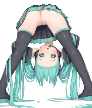1girl anus ass bent_over black_boots black_skirt black_sleeves black_thighhighs boots censored cleft_of_venus eyebrows forehead from_behind full_body green_eyes green_hair hands_on_headphones has_uncensored_version hatsune_miku headphones headset highres kuroshiro00 legs legs_apart loli long_hair looking_back looking_through_own_legs mosaic_censoring no_panties open_mouth pussy simple_background skirt solo thigh_boots thighhighs thighs twintails very_long_hair vocaloid white_background