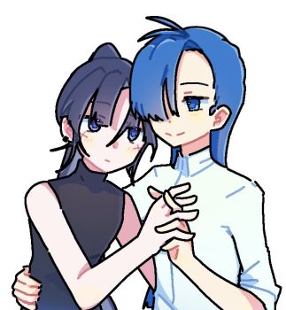 Rule 34 | 2girls, ado (utaite), black hair, black shirt, blue eyes, blue hair, closed mouth, commentary, earrings, hair between eyes, hair over one eye, hand on another's waist, interlocked fingers, jewelry, merry (ado), multiple girls, naima (ado), ponytail, pppp 0831, readymade (ado), shirt, simple background, sleeveless, sleeveless shirt, symbol-only commentary, upper body, usseewa, white background, white shirt, yuri