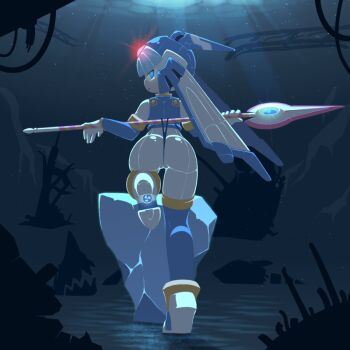 1girl android armor ass blue_eyes female_focus helmet javelin fairy_leviathan_(mega_man) looking_at_viewer mega_man_(series) mega_man_x_(series) mega_man_x_dive mega_man_zero_(series) panties pussy reploid robot_girl string_panties suragugu tagme underwear wedgie