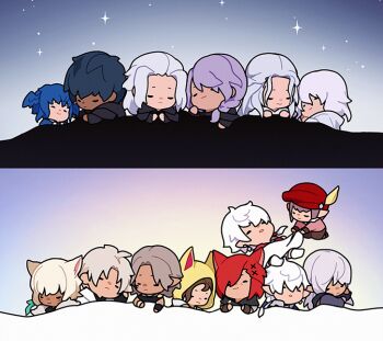 Rule 34 | 6+boys, 6+girls, alisaie leveilleur, alphinaud leveilleur, animal ears, animal hood, black hair, black robe, blue capelet, blue hair, braid, brown hair, capelet, cat boy, cat ears, cat girl, cat hood, chibi, chibi only, closed eyes, earrings, elezen, elf, elidibus, emet-selch, final fantasy, final fantasy xiv, fur trim, g'raha tia, grey hair, hair between eyes, hair ornament, hat, head wings, hermes (ff14), hood, hood up, hythlodaeus, hyur, jewelry, krile mayer baldesion (ff5), lalafell, long hair, meteion, miqo'te, multiple boys, multiple girls, parted bangs, parted lips, pointy ears, purple hair, red hair, red hat, robe, short hair, single braid, sleeping, smile, sophist's robe (ff14), tataru taru, thancred waters, under covers, urianger augurelt, venat (ff14), white hair, wings, x hair ornament, y'shtola rhul, yellow hood, zhyphenth