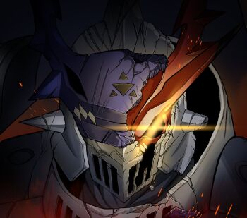 Rule 34 | armor, chaosdukemon, close-up, dark background, digimon, digimon (creature), dukemon, glowing, glowing eye, helmet, highres, knight, manchi kansuke, solo, yellow eyes