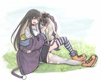 1girl asymmetrical_legwear bang_dream! bang_dream!_our_notes black_choker black_hair black_nails brown_hair choker commentary dog earrings hair_ornament hairclip highres jacket jewelry laika_(dog) long_hair mismatched_legwear nail_polish name_connection necklace one_eye_closed open_mouth purple_jacket real_life shirt solo suga_raika thigh_strap thighhighs tomare_(akashingou) torn_clothes torn_thighhighs white_shirt white_thighhighs yellow_eyes