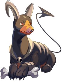 absurdres animal_focus bone claws closed_mouth dog gen_2_pokemon highres horns houndoom licking_lips lying menrui+alpha nintendo no_humans pokemon pokemon_(creature) red_eyes simple_background slit_pupils solo tongue tongue_out twitter_username white_background