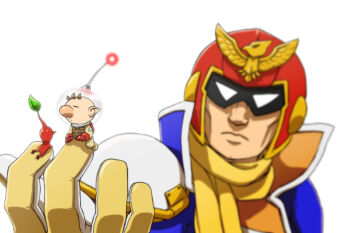 2boys armor backpack bag big_nose blue_bodysuit bodysuit brown_hair captain_falcon closed_eyes closed_mouth collared_bodysuit colored_skin commentary_request expressionless f-zero from_behind gloves goggles helmet high_collar leaf light_frown lips male_focus mini_person miniboy multiple_boys naru_(wish_field) nintendo olimar outstretched_hand patch pauldrons pikmin_(creature) pikmin_(series) pointy_ears pointy_nose radio_antenna red_bag red_gloves red_helmet red_pikmin red_skin scarf short_hair shoulder_armor simple_background single_pauldron size_difference space_helmet spacesuit super_smash_bros. two-tone_gloves very_short_hair white_background white_gloves yellow_gloves yellow_scarf