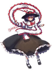 Rule 34 | 1girl, absurdres, ascot, black footwear, black hat, black skirt, bow, breasts, capelet, commentary, frilled capelet, frilled shawl, frilled skirt, frills, hat, hat bow, highres, long sleeves, looking at viewer, nagae iku, one-hour drawing challenge, purple hair, red ascot, red bow, red eyes, renshirenji, shawl, shirt, short hair, short sleeves, simple background, skirt, socks, solo, touhou, white background, white capelet, white shirt, white socks