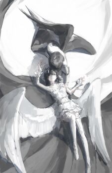 2girls absurdres black_hair black_wings boots commentary dress frilled_dress frills full_body hair_over_one_eye highres horns long_hair looking_at_another lying magpie_(phyriaxi) milaya_(fuyutsuki11) multiple_girls on_back original phyriaxi pointy_ears short_dress sitting sleeveless sleeveless_dress thigh_boots white_boots white_dress white_horns white_wings wings