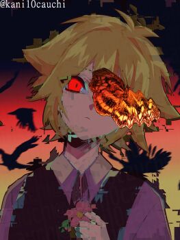 Rule 34 | 1boy, animal, antenna hair, basil (faraway) (omori), basil (omori), bird, black sky, black sweater vest, blurry, blurry background, bug, butterfly, butterfly over eye, closed mouth, collared shirt, commentary, eyes visible through hair, flipped hair, flower, frown, glitch, gradient sky, hand up, head tilt, highres, holding, holding flower, insect, kauchi (kani10cauchi), male focus, omori, one eye covered, orange butterfly, orange sky, outdoors, pink flower, red eyes, shirt, short hair, sidelocks, sky, slit pupils, solo, straight-on, sweater vest, symbol-only commentary, twitter username, upper body, white shirt