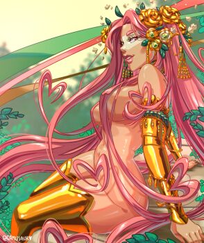 1girl absurdres ahoge aphrodite_(hades) bracer breasts commentary convenient_censoring convenient_hair flower gamusaur gold_flower gold_sleeves gold_thighhighs hades_(series) hades_2 hair_flower hair_ornament hair_over_breasts heart heart-shaped_hair heart_ahoge highres large_breasts leaf lips long_hair looking_at_viewer makeup navel nude parted_lips pink_eyes pink_hair sitting smile solo thick_thighs thighhighs thighs very_long_hair