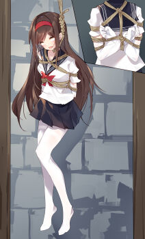 1girl absurdres arms_behind_back artist_request asphyxiation bdsm bondage bound breasts empty_eyes female_focus flat_chest full_body hanged highres loli multiple_views pantyhose peril rolling_eyes rope school_uniform serafuku small_breasts tagme