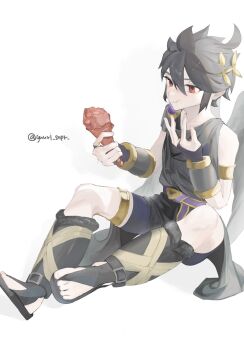 1boy ahoge armlet belt black_hair black_sandals black_shorts chewing commentary dark_pit fingerless_gloves food full_body gloves gold_armlet gold_thighlet grey_wings hair_between_eyes highres holding holding_food holding_ice_cream holding_ice_cream_cone ice_cream ice_cream_cone jewelry kid_icarus kid_icarus_uprising laurel_crown male_focus nintendo purple_belt red_eyes sandals short_hair shorts sidelocks simple_background single_bare_shoulder sitting solo spiked_hair symbol-only_commentary thighlet toes twitter_username white_background wings yuuri_snpr
