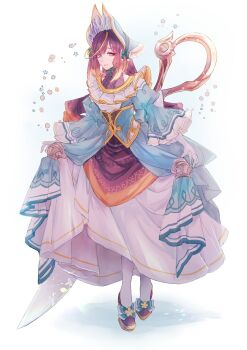 1girl @_@ aqua_dress aqua_headwear artist_collaboration blonde_hair bonnet bow byuura_(sonofelice) center_frills cowlick crossed_legs curtsey diagonal_bangs dress drill_hair footwear_bow framed frilled_sleeves frills gen_8_pokemon gown gradient_hair highres huge_weapon juliet_sleeves lollypopcandy8050 long_hair long_sleeves looking_at_viewer multicolored_dress multicolored_hair nintendo orange_hair pantyhose parted_lips personification pokemon polteageist puffy_sleeves purple_eyes purple_hair purple_shirt purple_shoes shirt shoes skirt_hold sleeveless sleeveless_shirt smile solo standing streaked_hair sword watson_cross weapon white_background white_dress white_pantyhose