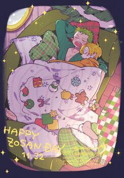 Rule 34 | 2boys, arm behind back, blonde hair, christmas tree, closed eyes, couch, cuddling, curly eyebrows, dated, english text, from above, green hair, green shirt, indoors, long sleeves, lying, male focus, mitsubachi koucha, multiple boys, on back, on side, one piece, open mouth, orange shirt, parted bangs, pillow, roronoa zoro, rug, sanji (one piece), scar, scar across eye, scar on face, shirt, sleeping, teeth, under covers, upper teeth only, watermark, yaoi
