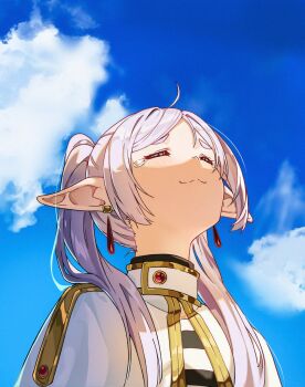 1girl :3 admiralkeyes ahoge black_shirt blue_sky capelet closed_eyes closed_mouth cloud cloudy_sky commentary earrings elf frieren happy_tears highres jewelry long_hair meme multicolored_shirt parted_bangs parted_lips pointy_ears shirt sky solo sousou_no_frieren striped_clothes striped_shirt tears twintails two-tone_shirt upper_body upward_angle_frieren_drawing_(meme) white_capelet white_hair white_shirt