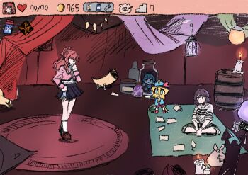 3girls aromdami barrel black_skirt bottle brown_hair candle crystal_ball curtains gakuen_idolmaster hanami_saki hatsumi-chan_(gakuen_idolmaster) highres idolmaster in_container in_jar jacket jar lantern long_hair mini_person minigirl money_bag multiple_girls neo_asari pants parody pink_jacket red_hair rug shoes short_hair sitting skirt slay_the_spire slay_the_spire_2 socks standing tsukimura_temari user_interface