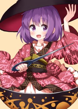1girl arm_up belt black_belt black_hat blush bowl bowl_hat commentary_request dress hair_between_eyes hand_up hat highres japanese_clothes kimono long_sleeves looking_to_the_side needle one-hour_drawing_challenge open_mouth pink_dress pink_kimono pink_sleeves purple_eyes purple_hair ruu_(tksymkw) short_hair simple_background smile solo sukuna_shinmyoumaru touhou wide_sleeves yellow_background