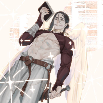 1boy abs angel_wings bandaged_arm bandages black_hair book bridal_gauntlets brown_shirt chi.:_chikyuu_no_undou_ni_tsuite closed_mouth cowboy_shot crop_top facial_scar hair_between_eyes hair_bun highres holding holding_book holding_sword holding_weapon jumpsymphony long_hair male_focus midriff muscular muscular_male navel oczy panties pectorals scar scar_on_cheek scar_on_face shirt solo sparkle sword twitter_username underwear weapon white_panties wings