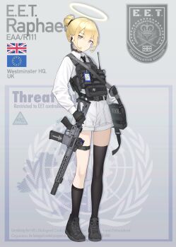 1girl absurdres ammunition assault_rifle asymmetrical_legwear bag belt black_belt black_boots black_gloves black_necktie black_socks black_thighhighs blonde_hair boots brown_eyes buckle bulletproof_vest character_name closed_mouth clothes_writing collar commentary cross earpiece emblem english_commentary english_text eotech european_union_flag first_aid_kit flip-up_sight full_body gloves gun hair_bun hair_tie halo highres holding holding_bag holding_gun holding_weapon id_card jerry_wang lace-up_boots load_bearing_vest long_sleeves m4_carbine magazine_(weapon) muzzle_device necktie optical_sight original orthodox_cross patch rifle satchel shirt short_hair shorts sidelocks sign simple_background skindentation socks solo standing strap tactical_clothes thigh_strap thighhighs thighs uneven_legwear union_jack united_kingdom walkie-talkie warning_sign weapon white_collar white_shirt white_shorts yellow_halo zipper_pull_tab