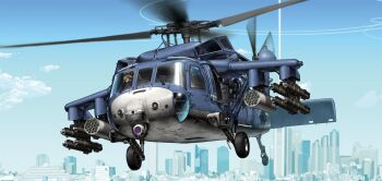 1girl aircraft animal_ears blue_archive brown_hair fake_animal_ears glasses halo hashtag-only_commentary headset helicopter henshako highres missile missile_pod moe_(blue_archive) motion_blur outdoors rabbit_ears round_eyewear solo uh-60_blackhawk yellow_halo