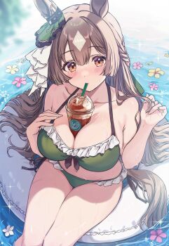 1girl alternate_costume animal_ears bare_arms bare_legs bare_shoulders bikini breasts brown_hair bubble_tea_challenge cutlass_(classic_chocolate) green_bikini green_ribbon hair_between_eyes hair_ribbon highres horse_ears horse_girl horse_tail large_breasts long_hair looking_at_viewer navel orange_eyes ribbon satono_diamond_(umamusume) sidelocks solo stomach swim_ring swimsuit tail umamusume