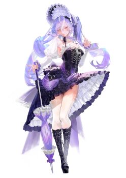 1girl absurdres alternate_costume black_dress black_nails bonnet boots closed_mouth clothes_lift detached_sleeves dress dress_lift drill_hair full_body highres juliet_sleeves knee_boots lolita_fashion long_hair long_sleeves looking_at_viewer planted planted_umbrella puffy_sleeves red_eyes shei99 simple_background solo strapless strapless_dress thighhighs thighs umbrella vivian_banshee white_background white_sleeves white_thighhighs zenless_zone_zero